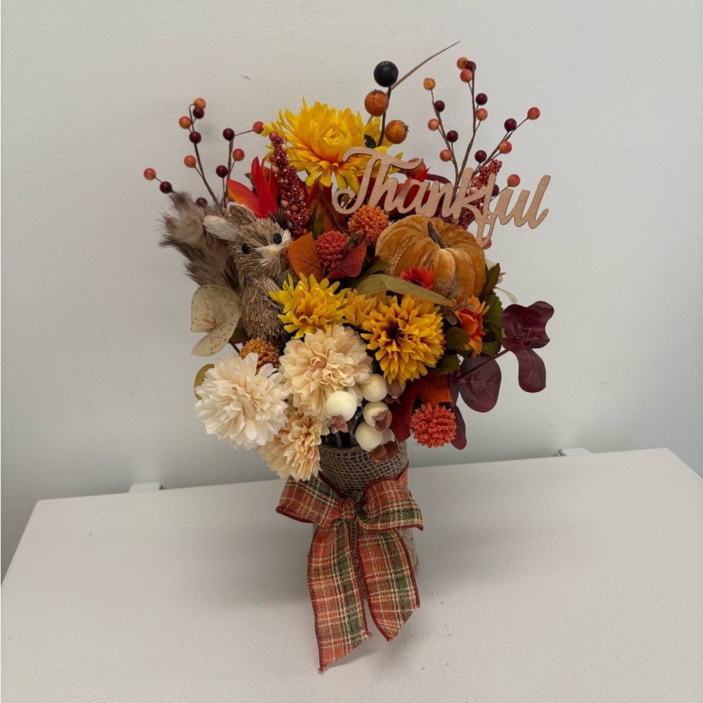 Festive Faux Floral Arrangement with Thankful Sign